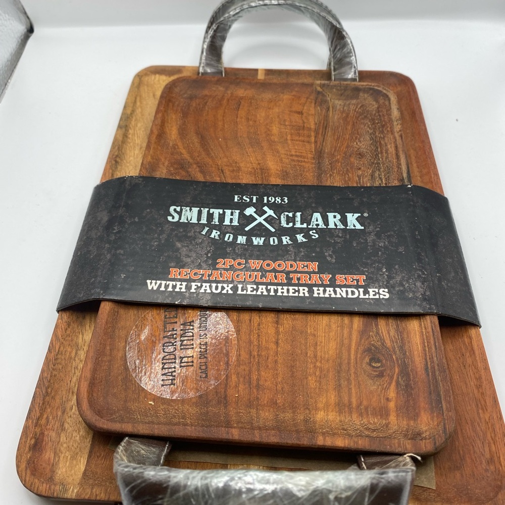 SMITH AND CLARK Ironworks 2 pc Wooden Rectangular Tray Set FAUX Leather Handles